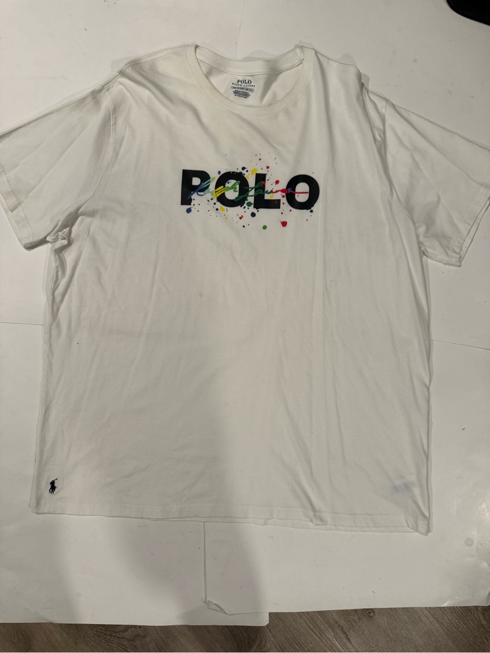 Polo by Ralph Lauren White T-Shirt with Multicolor Paint-Splash Logo men size 3B